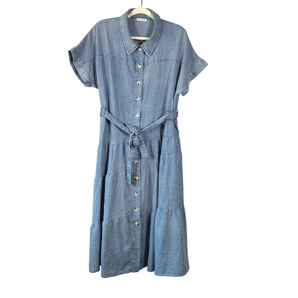 Baltic Born Light Wash Denim Tiered Midi Shirt Dress Tie Waist Blue Short Sleeve